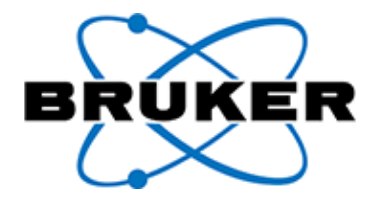 The image shows the Bruker logo, with the word BRUKER in bold black letters overlaid on a stylized blue atomic model with three orbiting paths and three dots.
